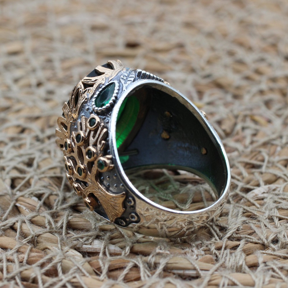 Emerald Men's Ring, Ottoman Men's Ring, Tree Of Life Ring, Turkish Handmade Men's Ring, Men's Jewelry, Gift for Him, 925 Sterling Silver