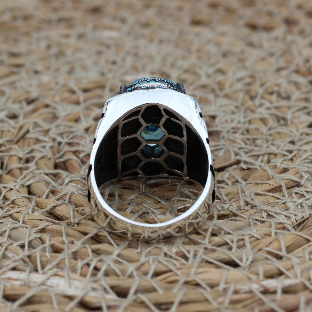 Mens Handmade Ring, Turkish Handmade Silver Men Ring, Ottoman Ring, Aquamarine Ring, Men's Jewelry, Gift for Him, 925k Sterling Silver Ring