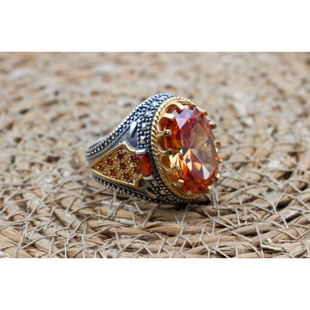 Turkish Handmade Silver Men's Ring, Men's Handmade Ring, Yemeni Ring, Topaz Men's Ring, Ottoman Ring, Gift for Him, 925k Sterling Silver,