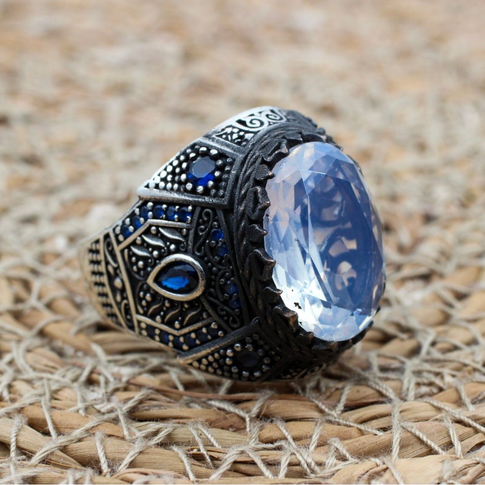 Mens Handmade Ring, Turkish Handmade Silver Men Ring, Ottoman Men Ring, Zircon Ring, Men's Jewelry, Gift for Him, 925k Sterling Silver Ring