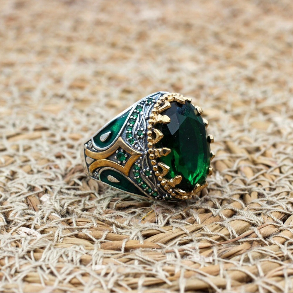 Emerald Men's Ring, Ottoman Men's Ring, Handmade Men's Ring, Turkish Handmade Men's Ring, Men's Jewelry, Gift for Him, 925 Sterling Silver