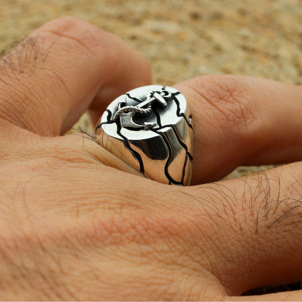 Sailor Men's Ring, Anchor Men Ring, Turkish Handmade, Silver Men Ring, Ottoman Ring, Men's Jewelry, Gift for Him, 925k Sterling Silver Ring