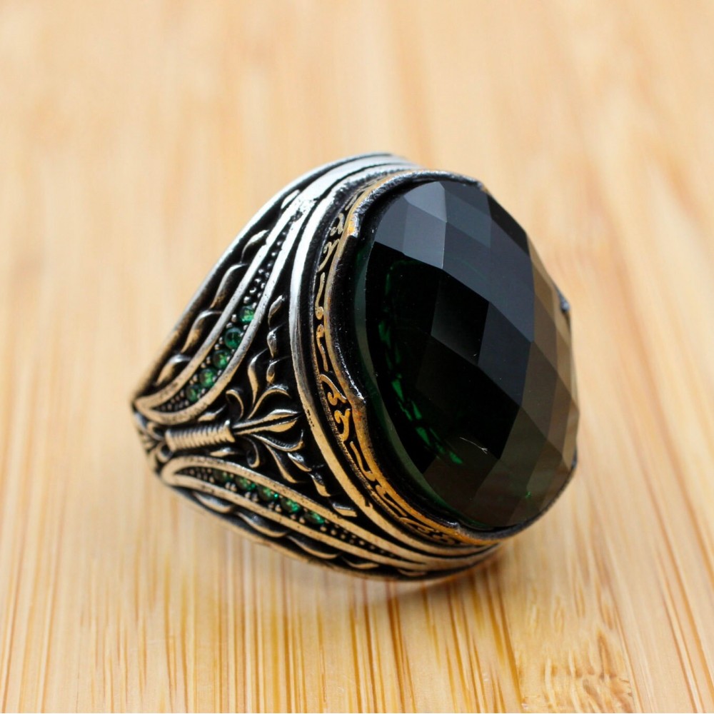 Emerald Men's Ring, Ottoman Men's Ring, Handmade Men's Ring, Turkish Handmade Men's Ring, Men's Jewelry, Gift for Him, 925 Sterling Silver