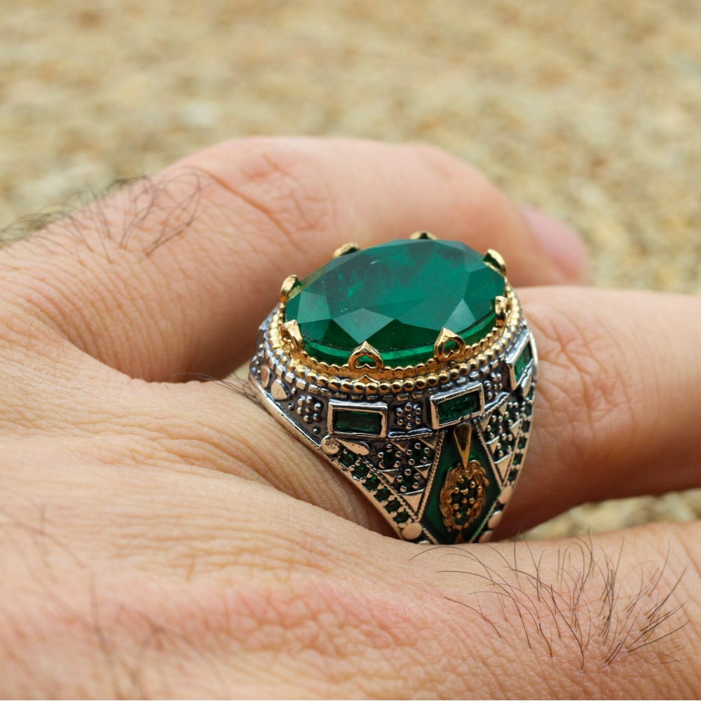 Emerald Men's Ring, Ottoman Men's Ring, Handmade Men's Ring, Turkish Handmade Men's Ring, Men's Jewelry, Gift for Him, 925 Sterling Silver