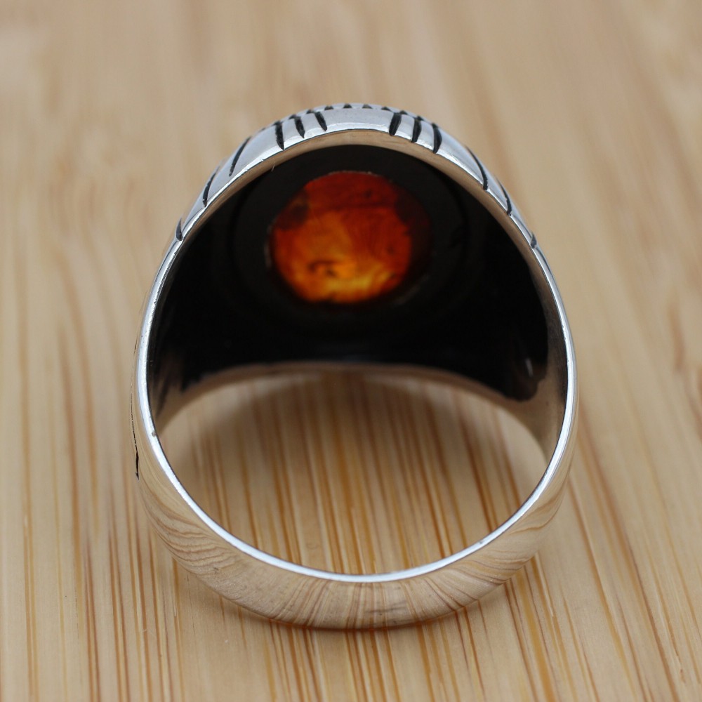 Amber Ring, Men's Handmade Ring, Ottoman Men Ring, Turkish Handmade Silver Men Ring, Men's Jewelry, Gift for Him, 925k Sterling Silver Ring