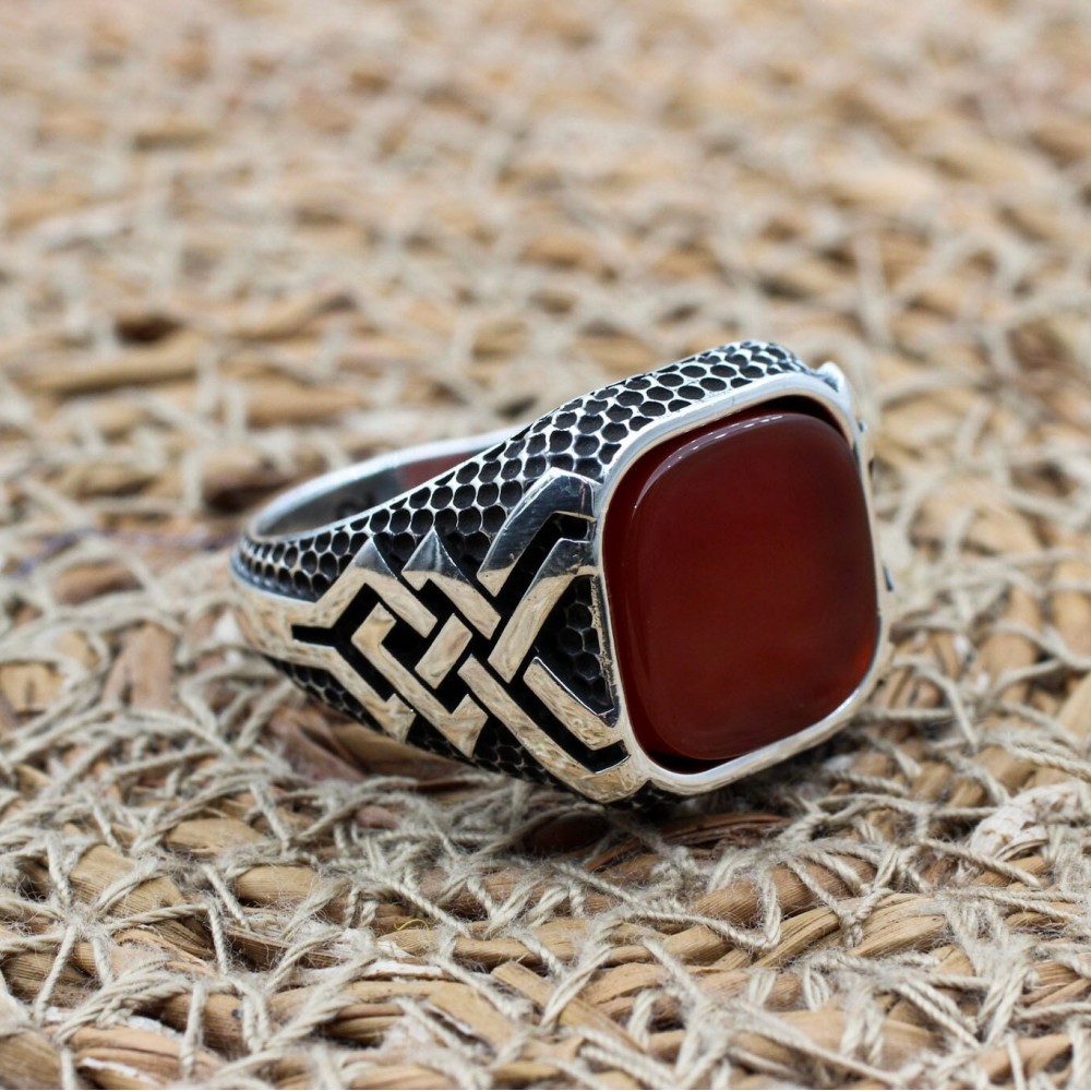 Men's Agate Ring, Handmade Ring, Turkish Handmade Silver Men Ring, Ottoman Men Ring, Men's Jewelry, Gift for Him, 925k Sterling Silver Ring