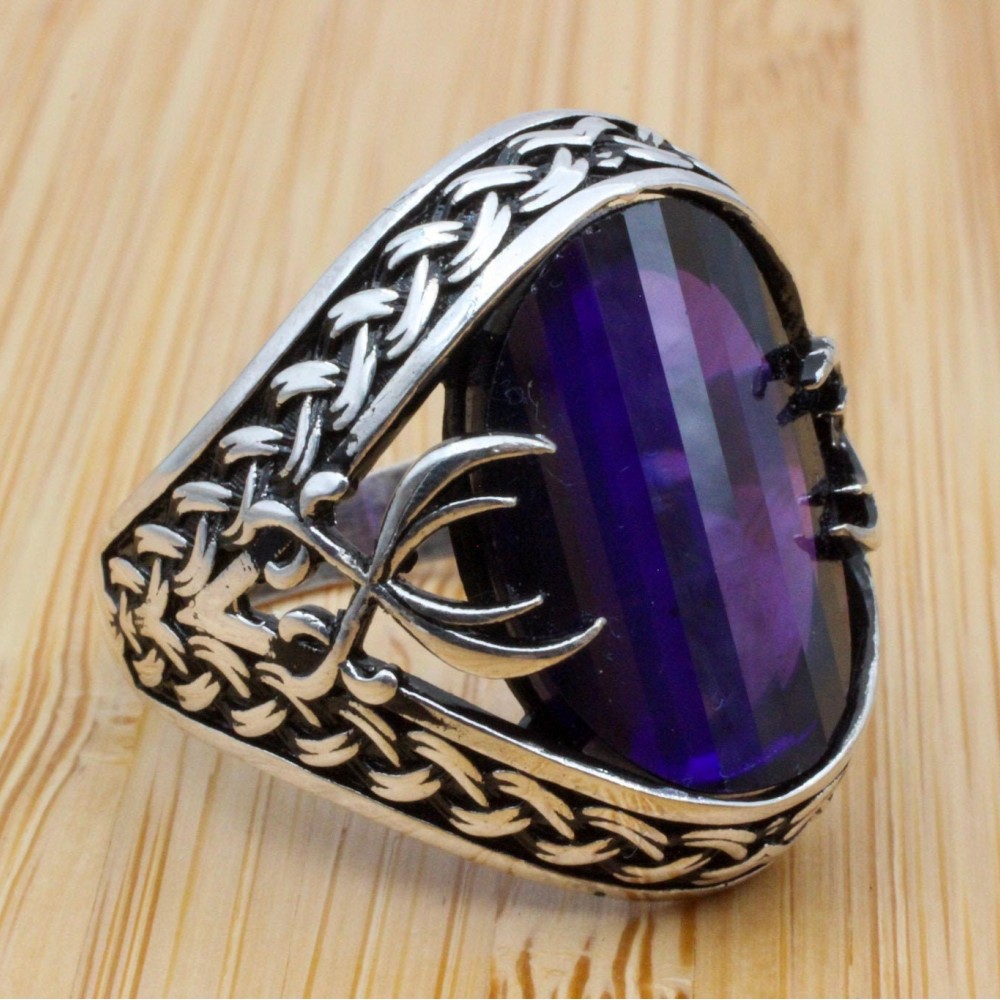 Mens Handmade Ring, Turkish Handmade Silver Men Ring, Ottoman Men Ring, Amethyst Ring, Men Jewelry, Gift for Him, 925k Sterling Silver Ring