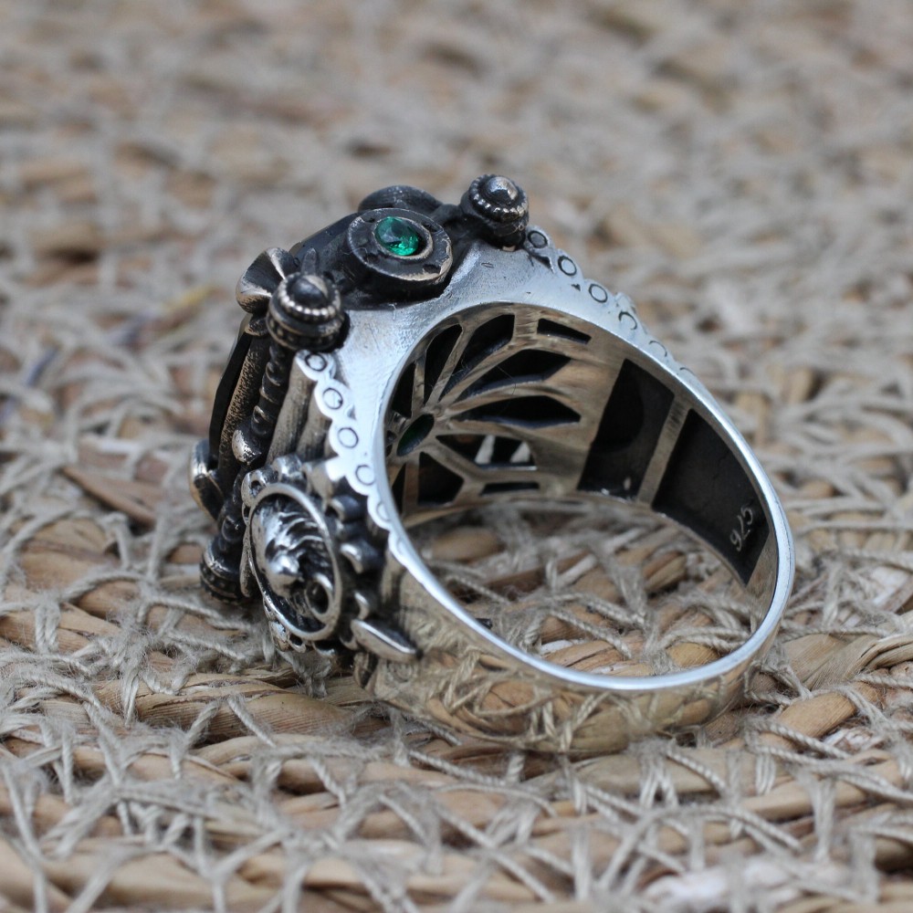 Emerald Men's Ring, Ottoman Men's Ring, Handmade Men's Ring, Turkish Mens Ring, Oval Stone, Mens Jewelry, Gift for Him, 925k Sterling Silver