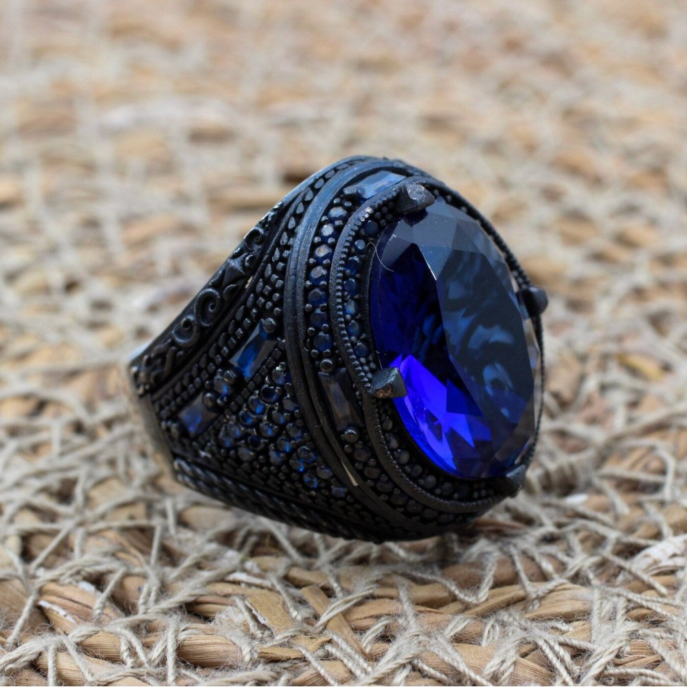 Sapphire Men's Ring, Ottoman Men's Ring, Handmade Men's Ring, Turkish Handmade Men's Ring, Men's Jewelry, Gift for Him, 925 Sterling Silver