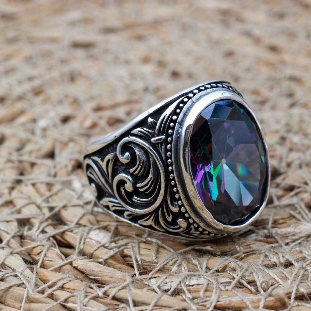 Mystic Topaz Men's Ring, Ottoman Men's Ring, Handmade Mens Ring, Turkish Handmade Mens Ring, Mens Jewelry, Gift for Him, 925 Sterling Silver