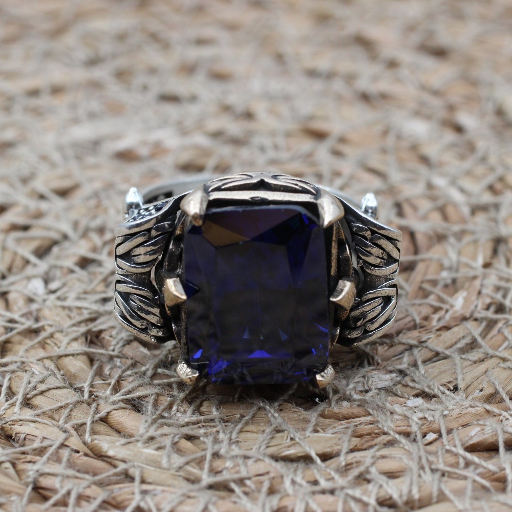 Turkish Ring, Men's Handmade Ring, Ottoman Ring, Cubic Zirconia, Sapphire Men's Ring, Men's Jewelry, Gift for Him, 925k Sterling Silver Ring