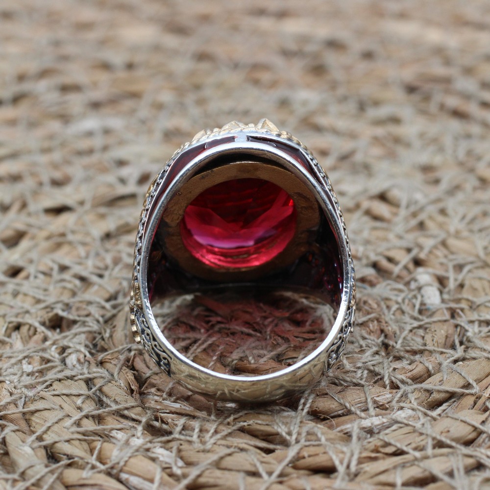 Ruby Mens Ring, Handmade Ring, Turkish Handmade Silver Men Ring, Ottoman Men Ring, Men's Jewelry, Gift for Him, 925k Sterling Silver Ring