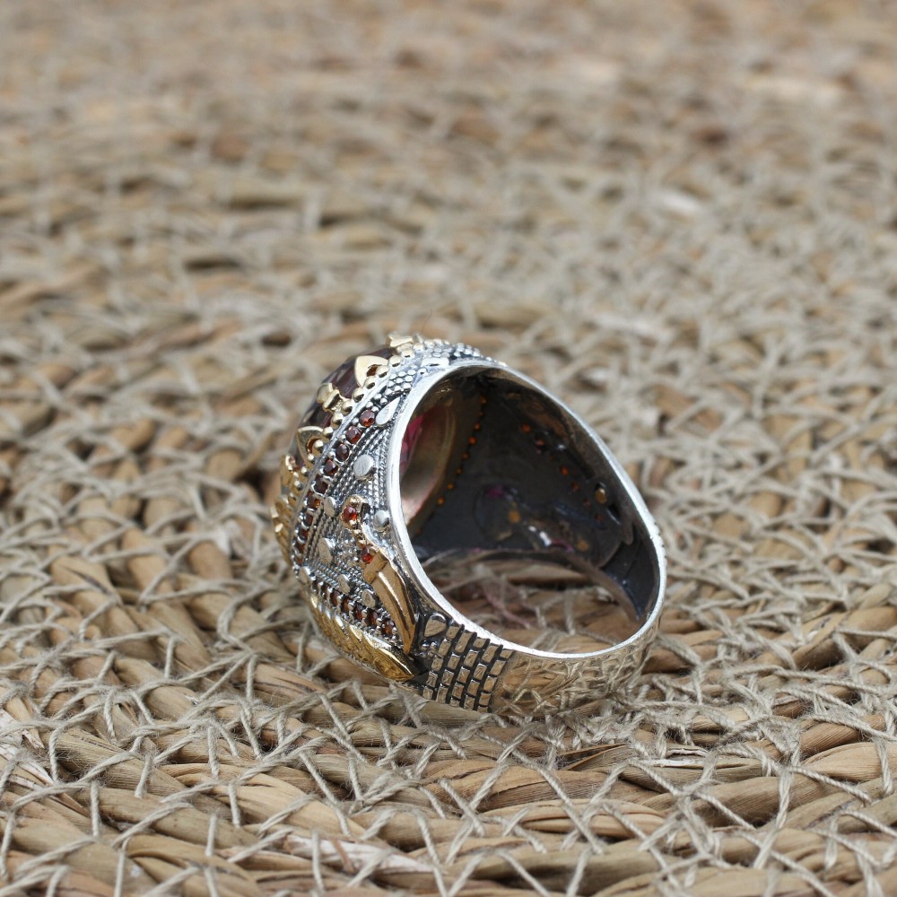 Men's Handmade Ring, Turkish Handmade Men's Ring, Ottoman Men's Ring, Tourmaline Men's Ring, Mens Ring, Gift for Him, 925k Sterling Silver