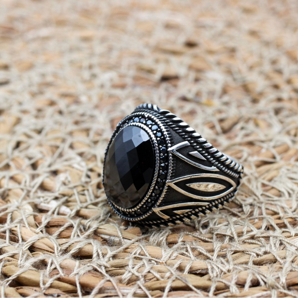 Turkish Handmade Silver Men's Ring, Men's Handmade Ring, Yemeni Men's Ring, Onyx Ring, Ottoman Ring, Gift for Him, 925k Sterling Silver,
