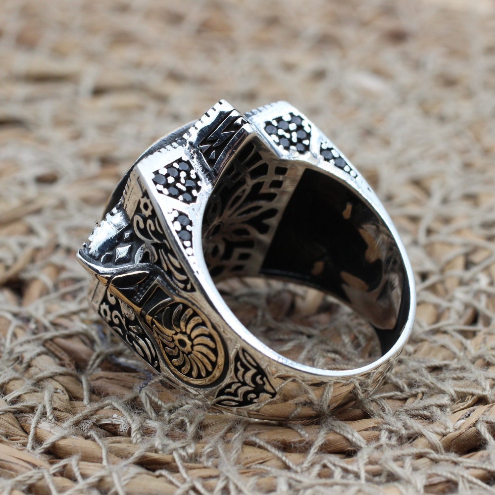 Turkish Handmade Silver Men's Ring, Men's Handmade Ring, Yemeni Men's Ring, Onyx Ring, Ottoman Ring, Gift for Him, 925k Sterling Silver,