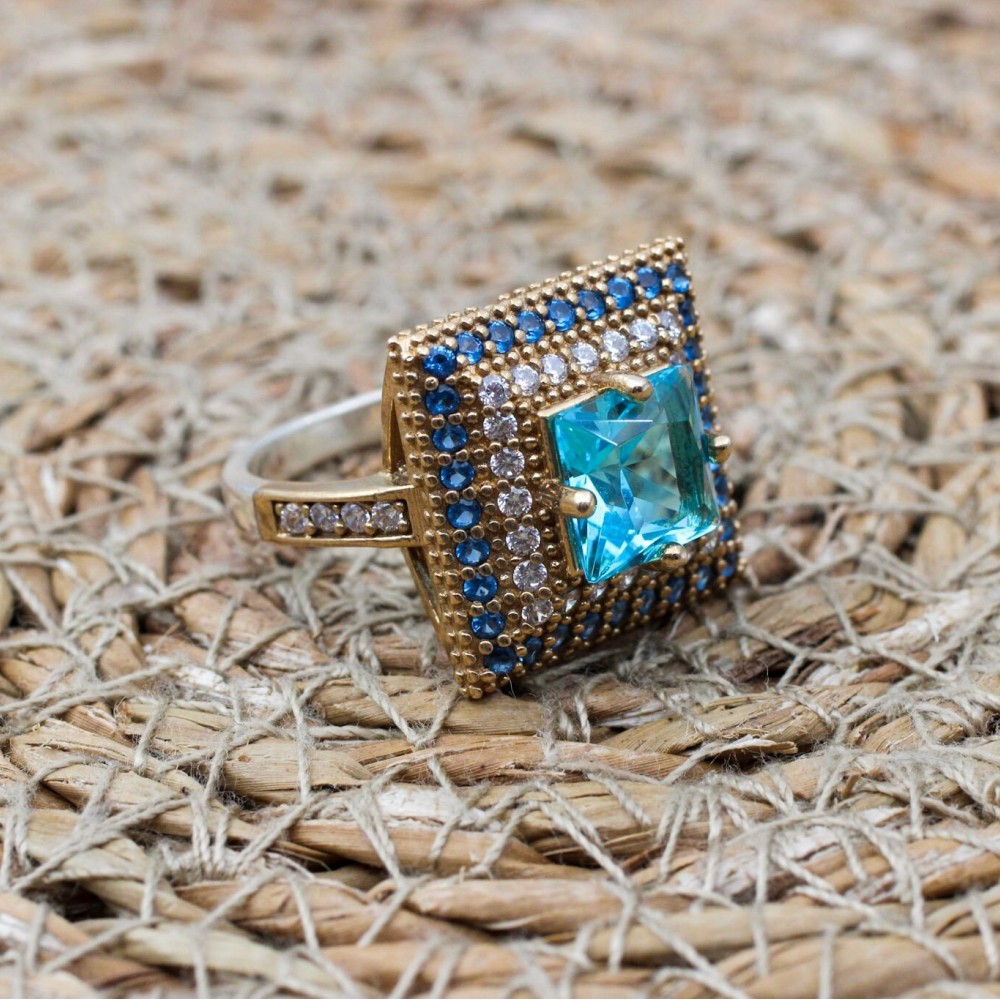 Aquamarine Ring,Ladies Ring, Handmade Women Ring, Turkish Handmade Silver Ladies Ring, Ottoman Ring, 925k Sterling Silver, Cubic Zircon Ring