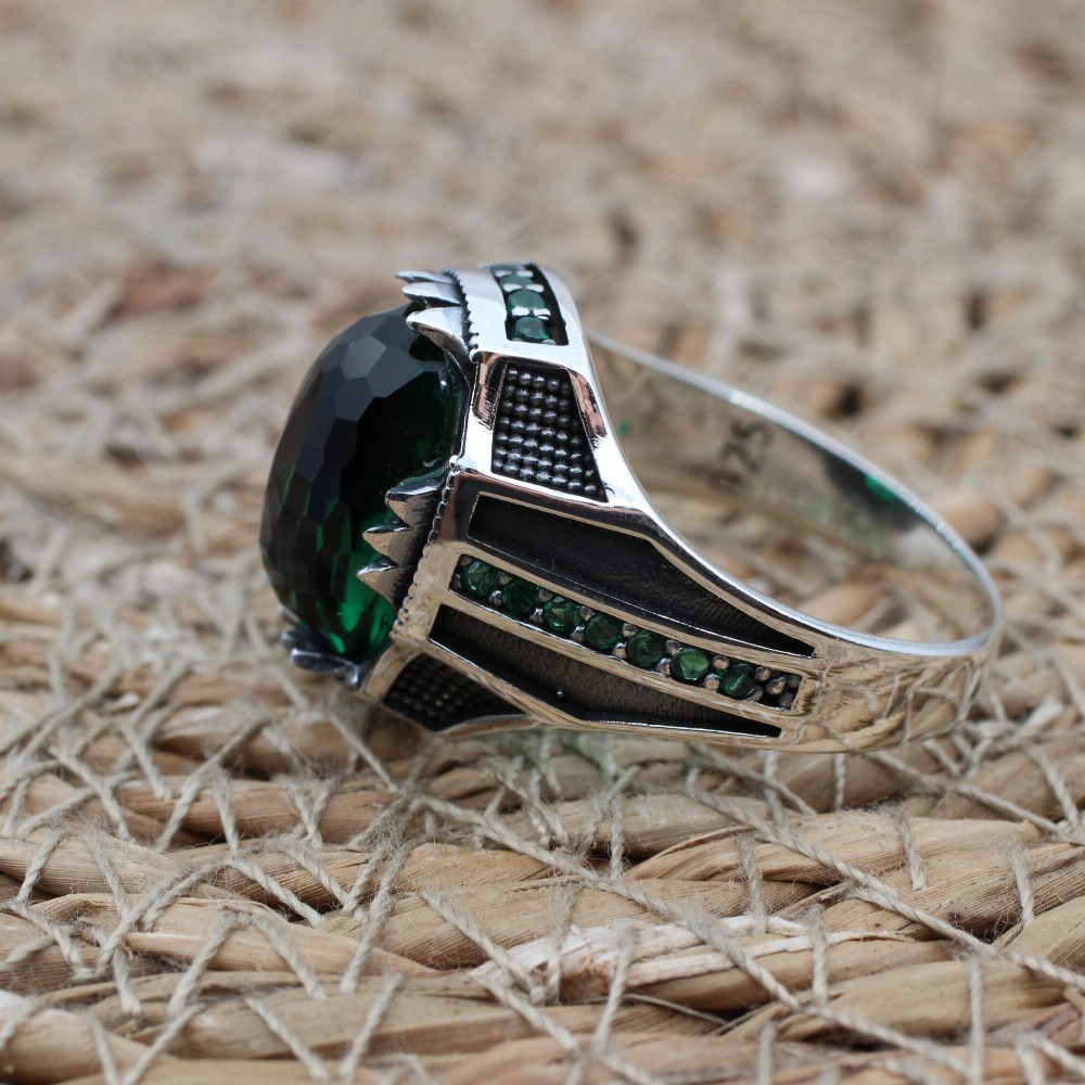 Emerald Men's Ring, Ottoman Men's Ring, Handmade Men's Ring, Turkish Handmade Men's Ring, Men's Jewelry, Gift for Him, 925 Sterling Silver