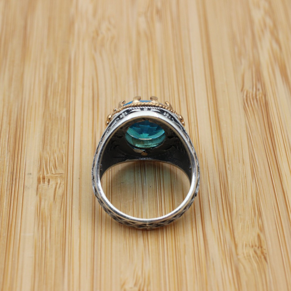 Mens Handmade Ring, Turkish Handmade Silver Men Ring, Ottoman Ring, Aquamarine Ring, Men's Jewelry, Gift for Him, 925k Sterling Silver Ring