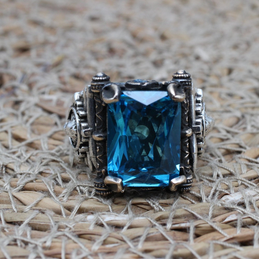 Aquamarine Mens Ring, Turkish Handmade Silver Mens Ring, Ottoman Ring, Square Stone Ring, Mens Jewelry, Gift for Him, 925k Sterling Silver
