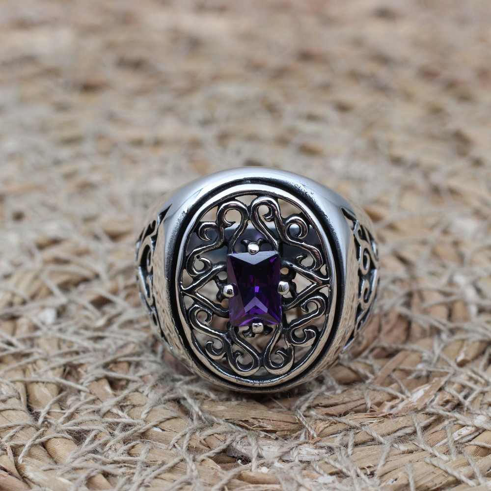 Amethyst Men's Ring, Mens Handmade Ring, Turkish Handmade Silver Men Ring, Ottoman Men Ring, Men Jewelry, Gift for Him, 925k Sterling Silver