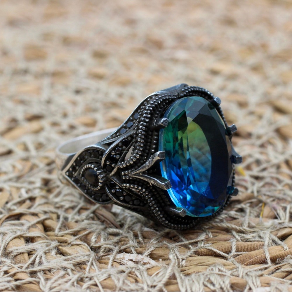 Men's Handmade Ring, Turkish Handmade Ring, Ottoman  Men's Ring, Tourmaline Men's Ring, Men's Jewelry, Gift for Him, 925k Sterling Silver