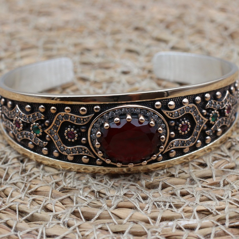 Ruby Bracelet, Ottoman Bracelet, Handmade Bracelet, Bangle Cuff, Bangle Bracelet, Turkish Handmade, Gift For Her, 925k Sterling Silver, Ruby