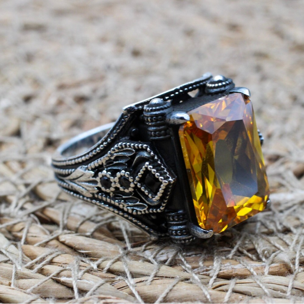 Citrine Men's Ring, Men's Handmade Ring, Turkish Handmade Ring, Ottoman Men's Ring, Men's Jewelry, Gift for Him, 925k Sterling Silver Ring