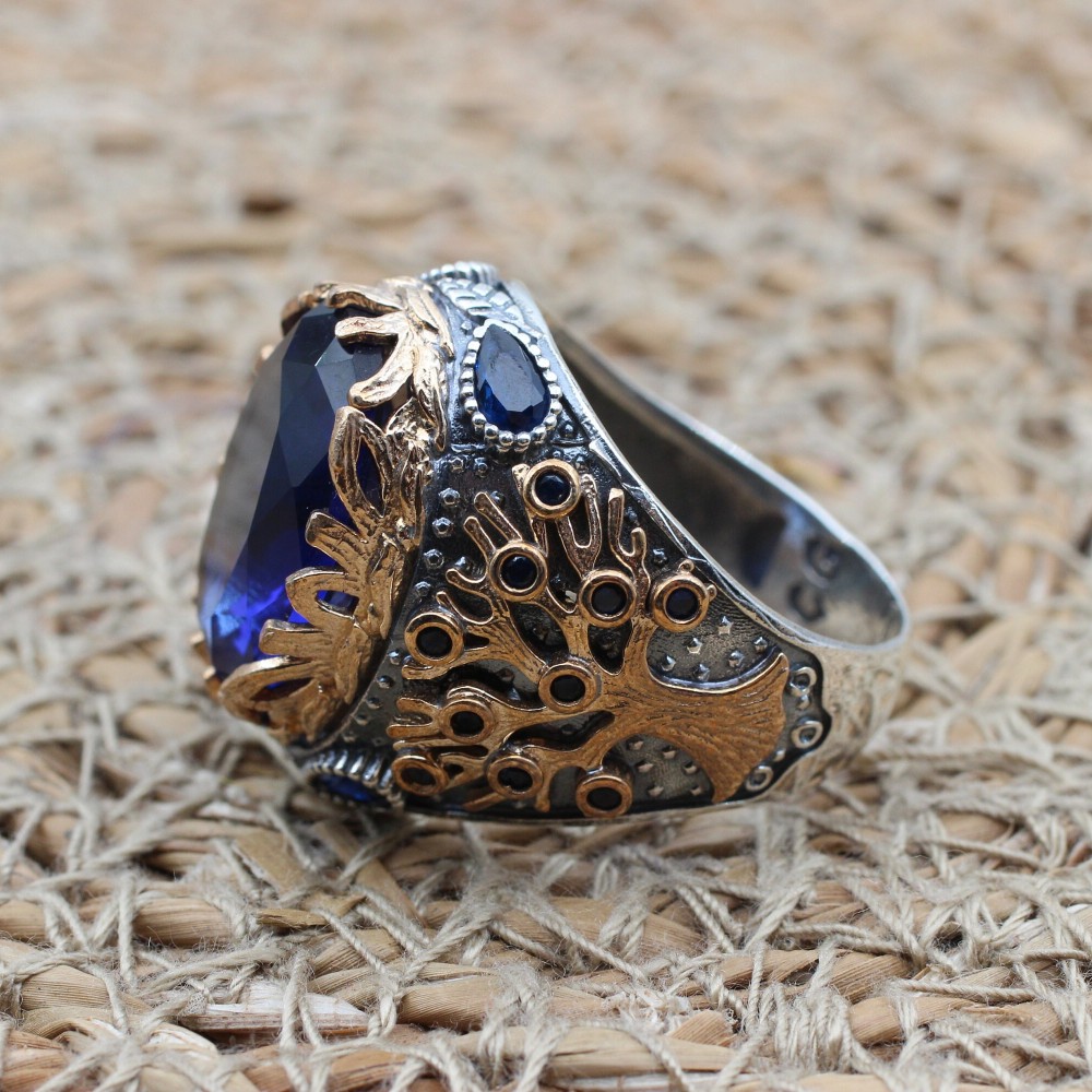 Sapphire Men's Ring, Tree Of Life Ring, Handmade Men's Ring, Turkish Handmade Men's Ring, Men's Jewelry, Gift for Him, 925 Sterling Silver