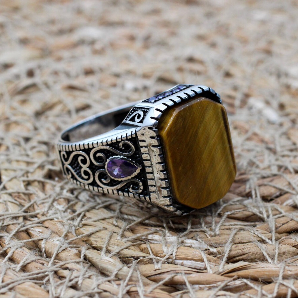 Tiger Eye Men's Ring, Ottoman Men's Ring, Handmade Men's Ring, Turkish Handmade Men's Ring, Men's Jewelry, Gift for Him, 925 Sterling Silver