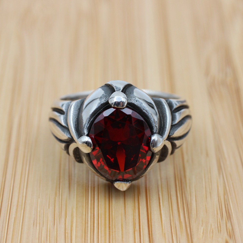 Mens Handmade Ring, Turkish Handmade Silver Men Ring, Ottoman Men Ring, Ruby Ring, Men's Jewelry, Gift for Him, 925k Sterling Silver Ring