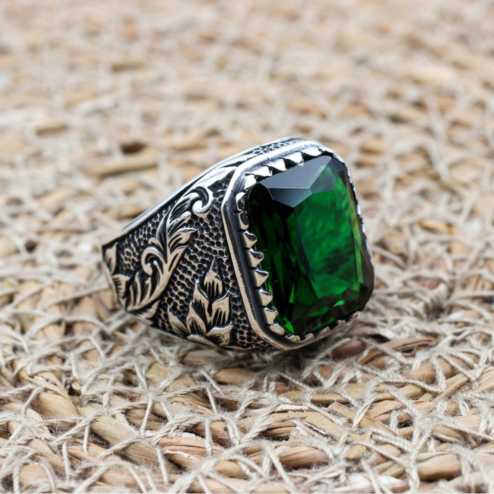 Emerald Men's Ring, Ottoman Men's Ring, Handmade Men's Ring, Turkish Handmade Men's Ring, Men's Jewelry, Gift for Him, 925 Sterling Silver