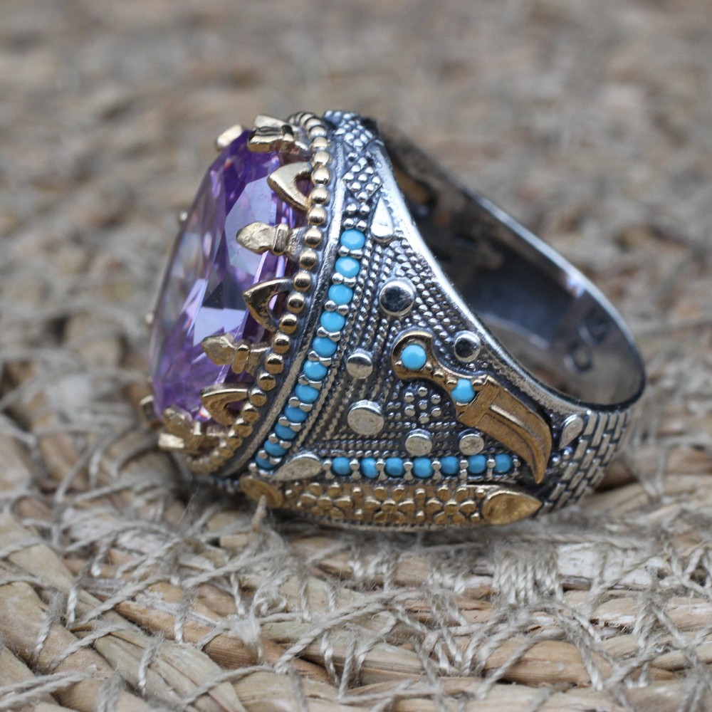 Amethyst Men's Ring, Mens Handmade Ring, Turkish Handmade Silver Men Ring, Ottoman Men Ring, Men Jewelry, Gift for Him, 925k Sterling Silver