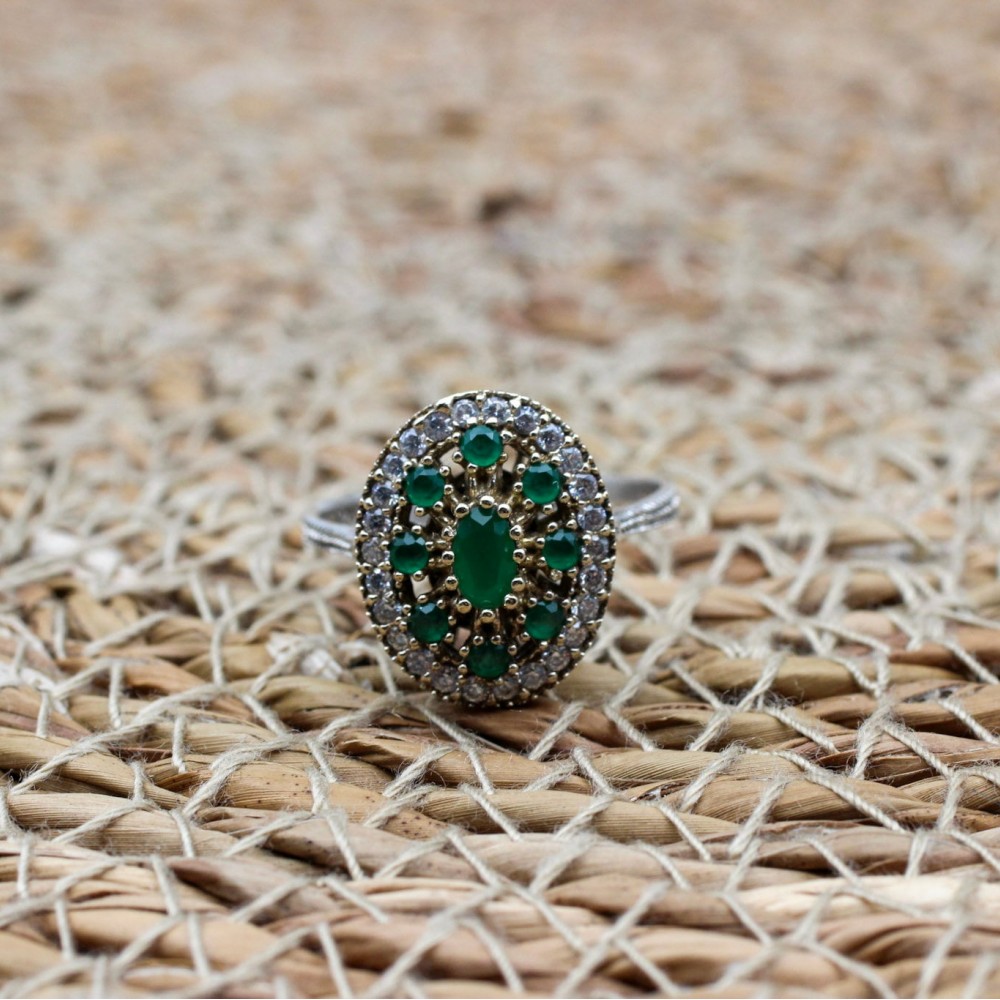 Emerald Ring, Handmade Women's Ring, Turkish Handmade Ring, Authentic Ring, Ottoman Ring, Ladies Ring, 925k Sterling Silver, Gift For Her,