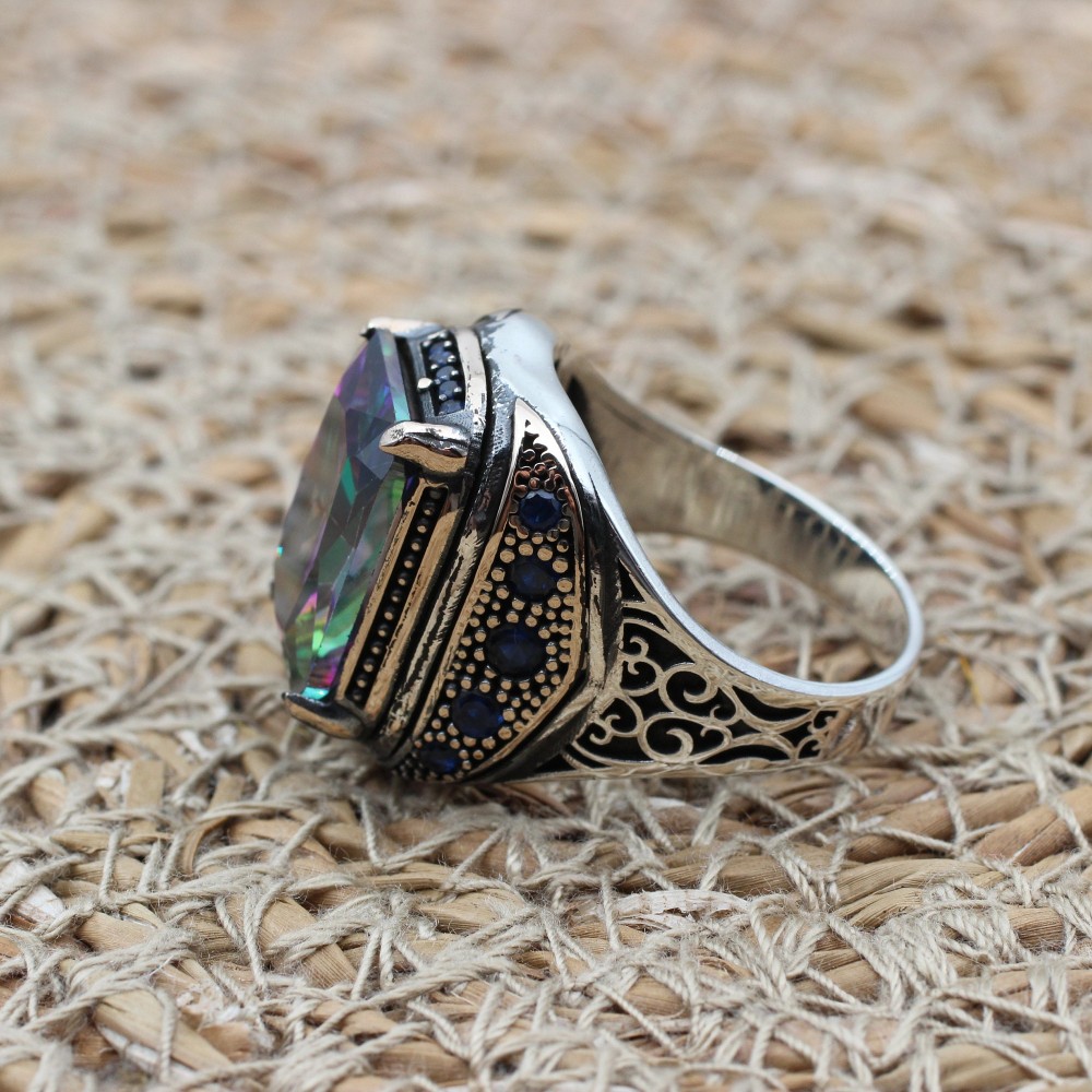 Mystic Topaz Men's Ring, Handmade Men's Ring, Turkish Handmade Silver Ring, Ottoman Ring, Men's Jewelry, Gift for Him, 925 Sterling Silver