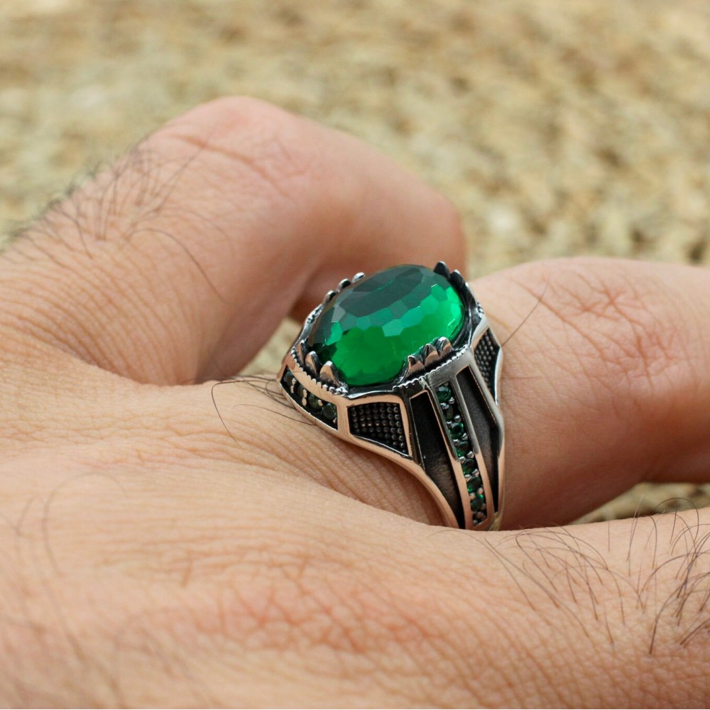 Emerald Men's Ring, Ottoman Men's Ring, Handmade Men's Ring, Turkish Handmade Men's Ring, Men's Jewelry, Gift for Him, 925 Sterling Silver