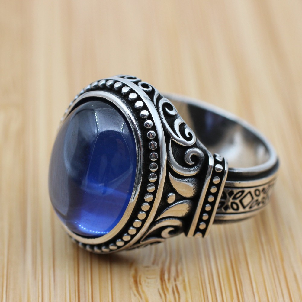 Turkish Handmade Silver Men Ring, Mens Handmade Ring, Ottoman Ring, Sapphire Ring, Men's Jewelry, Gift for Him, 925k Sterling Silver Ring