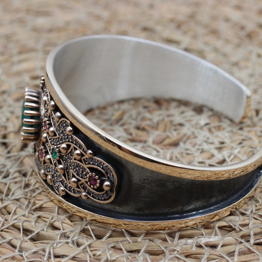 Emerald Bracelet, Ottoman Bracelet, Handmade Bracelet, Bangle Cuff, Turkish Handmade, Bangle Bracelet,Gift For Her, 925k Sterling Silver,