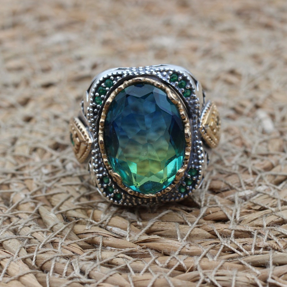 Tourmaline Men's Ring, Handmade Men's Ring, Turkish Handmade Ring, Ottoman Men's Ring, Men's Jewelry, Gift for Him, 925 Sterling Silver