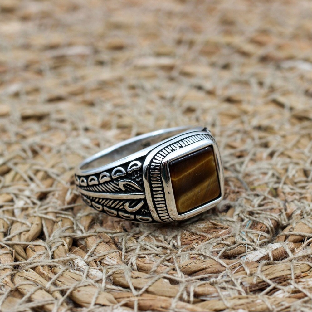 Tiger Eye Men's Ring, Ottoman Men's Ring, Handmade Men's Ring, Turkish Handmade Men's Ring, Men's Jewelry, Gift for Him, 925 Sterling Silver