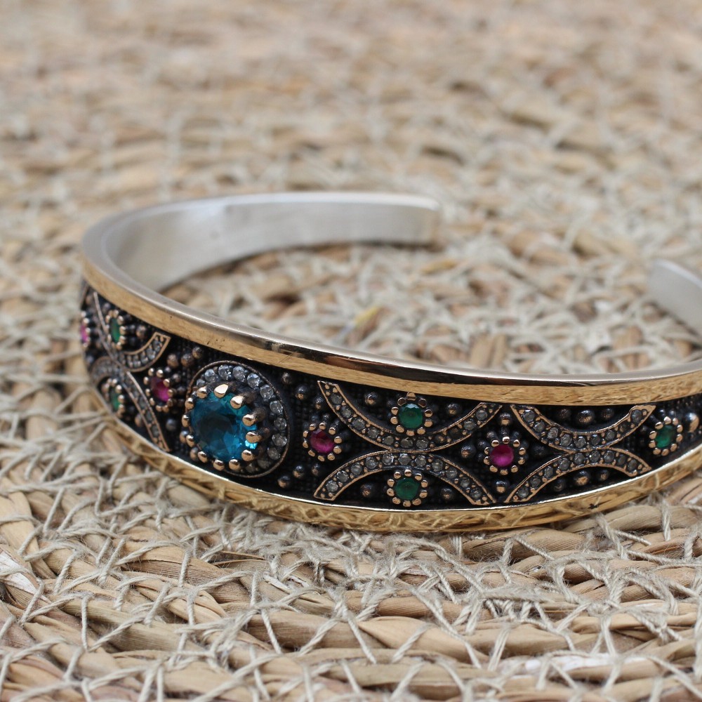 Aquamarine Bracelet, Ottoman Bracelet, Handmade Bracelet, Bangle Cuff, Turkish Handmade, Bangle Bracelet, Gift for Her, 925k Sterling Silver