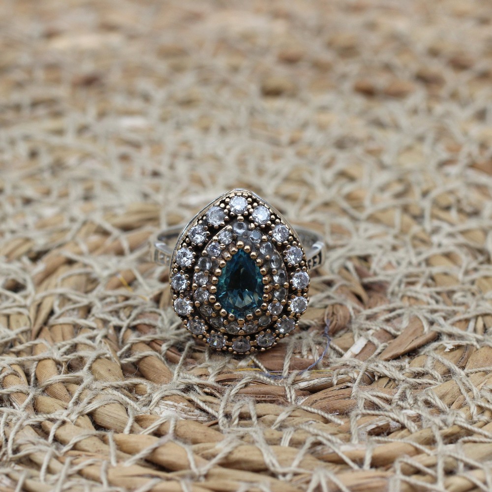 Aquamarine Ring, Handmade Women Ring, Turkish Handmade Silver Ladies Ring, Ottoman Ring, Ladies Ring, 925k Sterling Silver, Zircon Ring