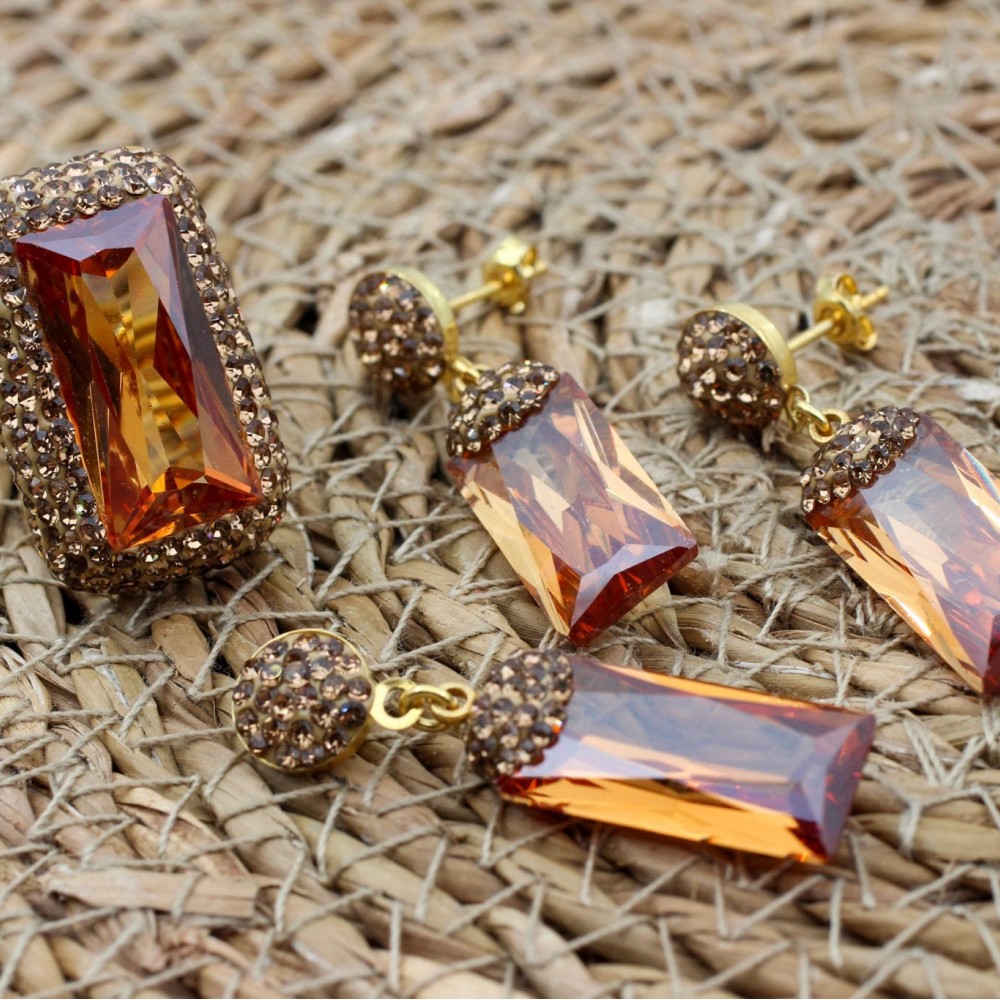 Topaz Ladies Set, Handmade Set Women, Turkish Handmade Ladies Set, Ottoman Set, Ring, Earring, Pendant, Ladies Set, 925 Sterling Silver