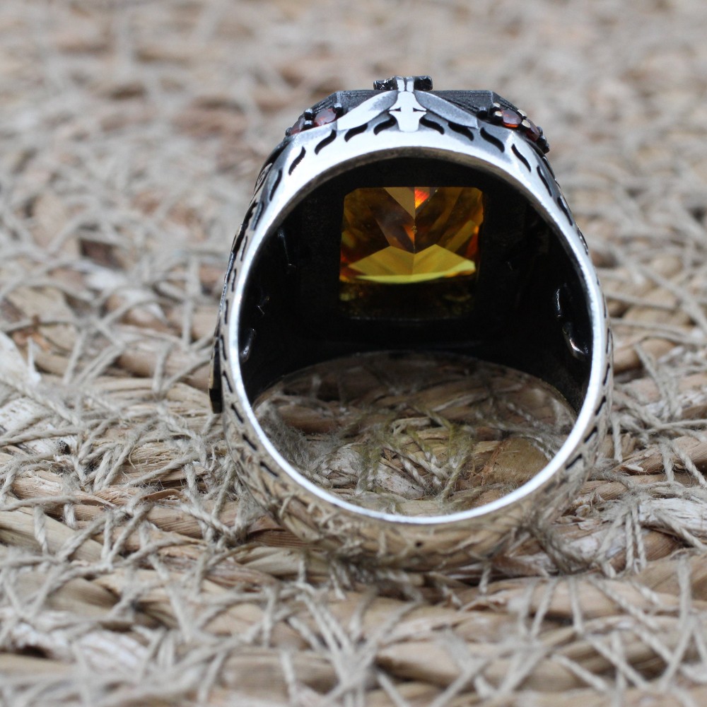 Citrine Men's Ring, Handmade Men's Ring, Turkish Handmade Ring, Ottoman Men's Ring, Men's Jewelry, Gift for Him, 925k Sterling Silver Ring