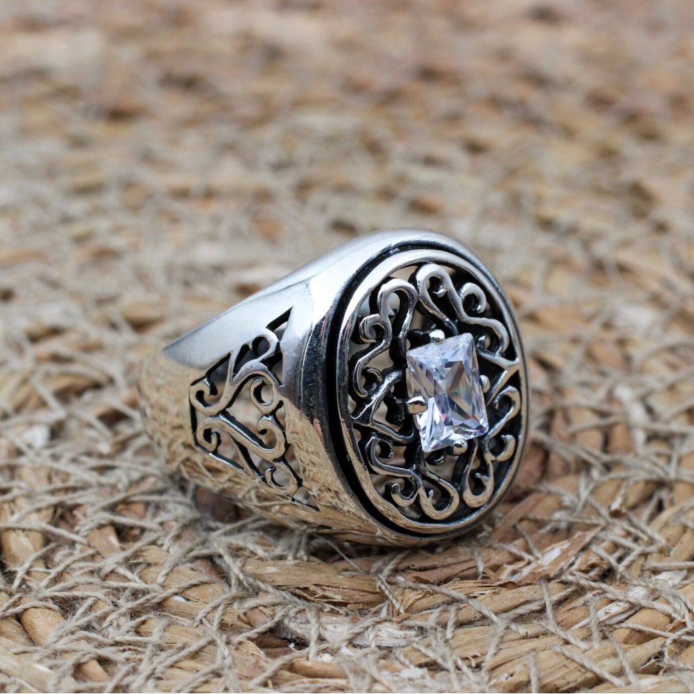 Mens Handmade Ring, Turkish Handmade Silver Men Ring, Ottoman Men Ring, Zircon Ring, Men's Jewelry, Gift for Him, 925k Sterling Silver Ring