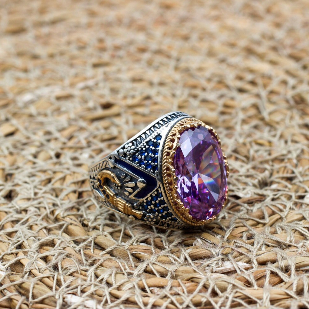 Amethyst Men's Ring, Mens Handmade Ring, Turkish Handmade Silver Men Ring, Ottoman Men Ring, Men Jewelry, Gift for Him, 925k Sterling Silver