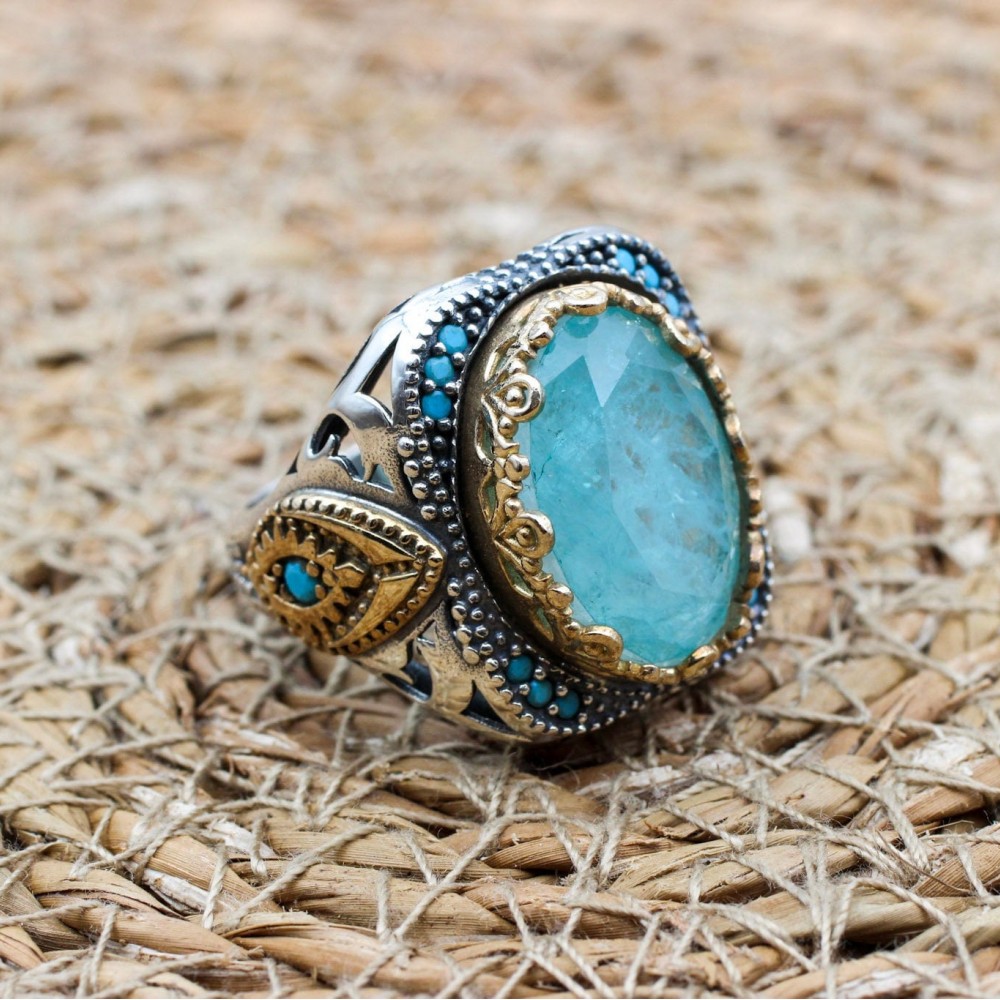 Paraiba Men's Ring, Handmade Men's Ring, Turkish Handmade Silver Men's Ring, Ottoman Ring, Men's Jewelry, Gift for Him, 925k Sterling Silver