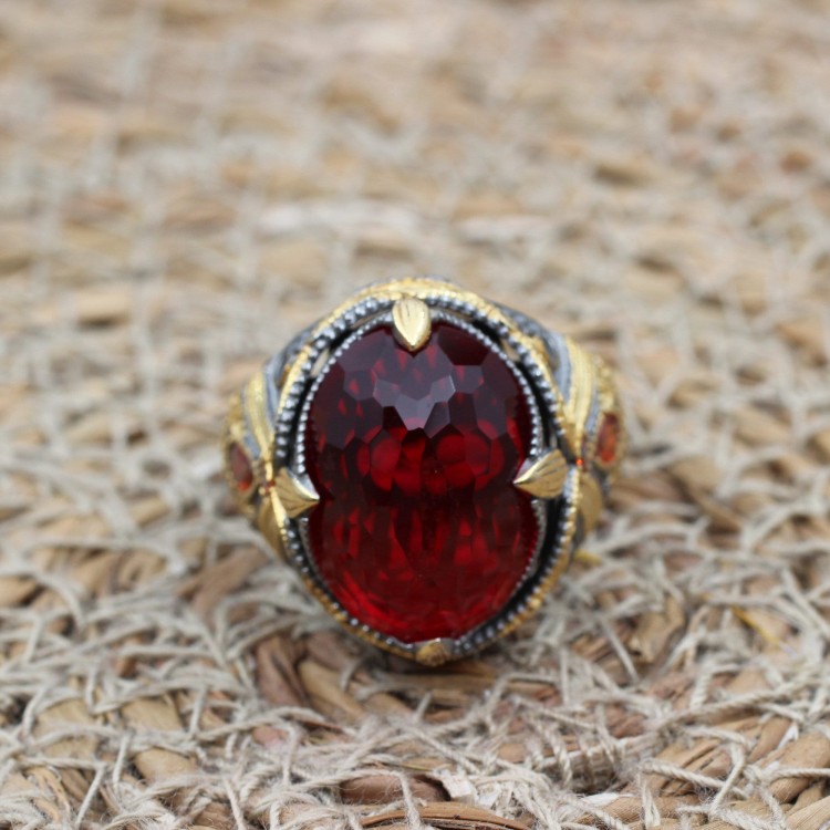 Mens Handmade Ring, Turkish Handmade Silver Men Ring, Ottoman Men Ring, Ruby Ring, Men's Jewelry, Gift for Him, 925k Sterling Silver Ring