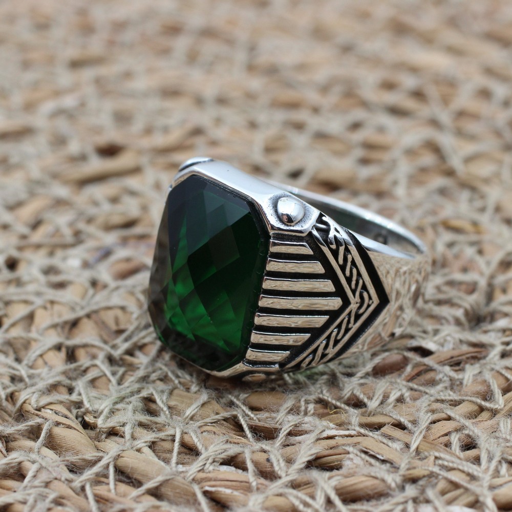 Emerald Men's Ring, Ottoman Men's Ring, Handmade Men's Ring, Turkish Handmade Men's Ring, Men's Jewelry, Gift for Him, 925 Sterling Silver