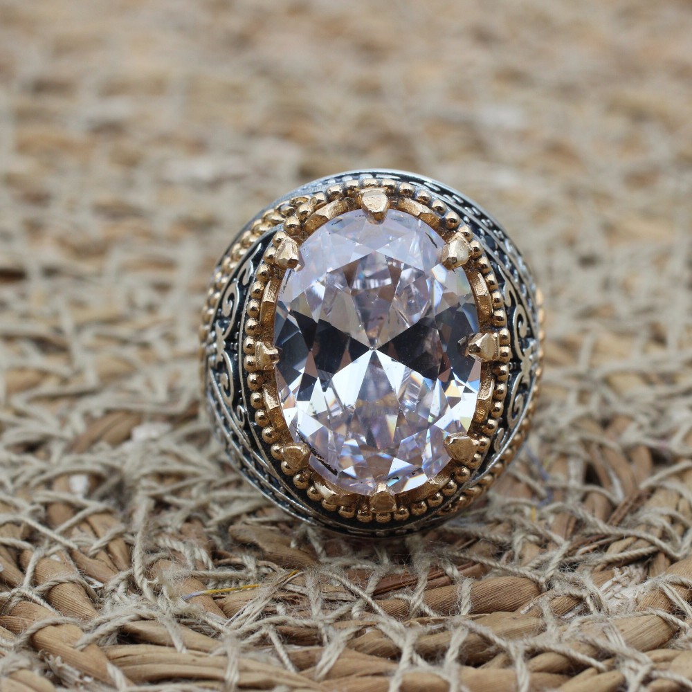 Mens Handmade Ring, Turkish Handmade Silver Men Ring, Ottoman Men Ring, Zircon Ring, Men's Jewelry, Gift for Him, 925k Sterling Silver Ring