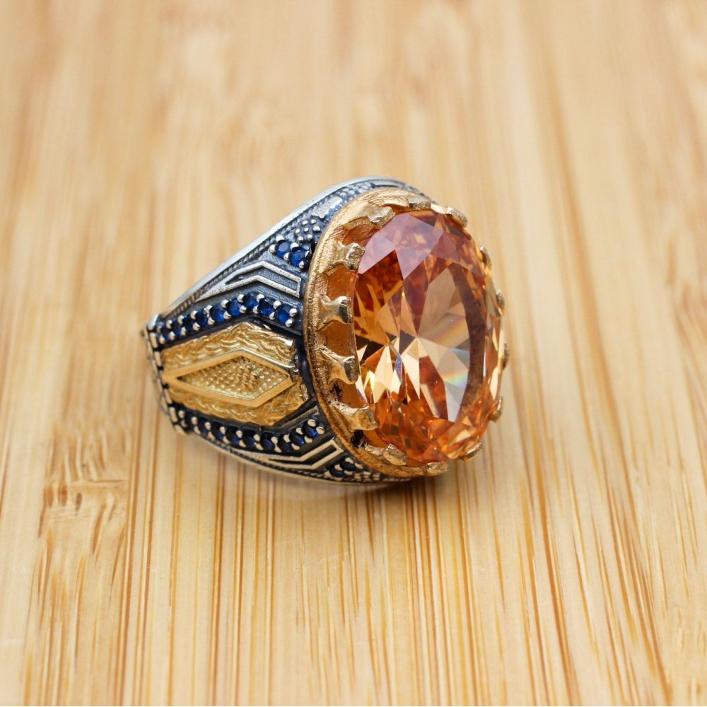 Turkish Handmade Silver Men's Ring, Men's Handmade Ring, Yemeni Ring, Topaz Men's Ring, Ottoman Ring, Gift for Him, 925k Sterling Silver,